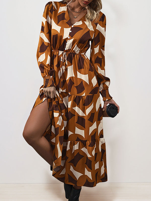 A-Line Long Sleeves Buttoned Elasticity Pleated Printed Split-Joint Tied Waist V-Neck Midi Dresses