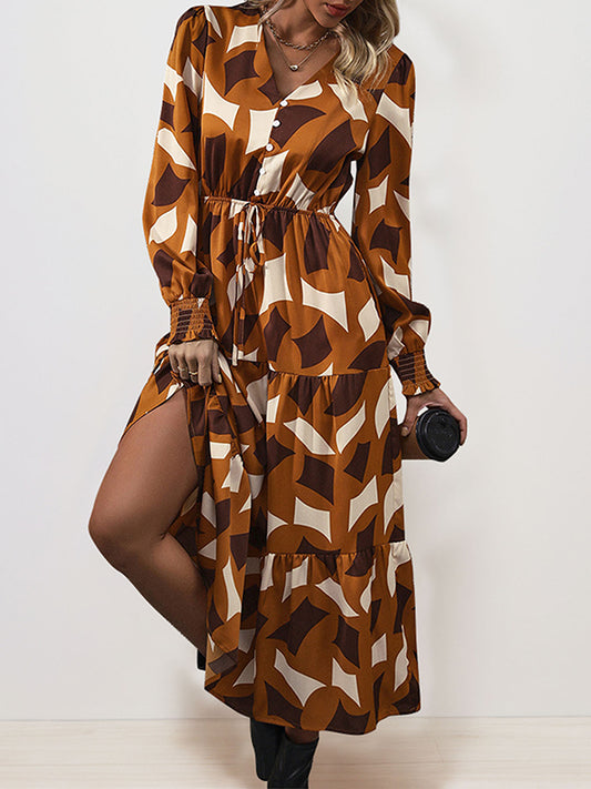 A-Line Long Sleeves Buttoned Elasticity Pleated Printed Split-Joint Tied Waist V-Neck Midi Dresses