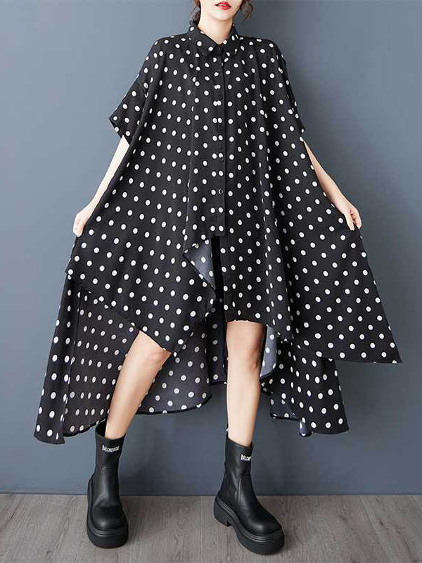 A-Line High-Low Asymmetric Buttoned Polka-Dot Lapel Midi Dresses Shirt Dress