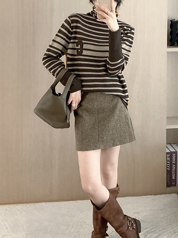 Long Sleeves Loose Contrast Color Knitted Letters Split-Joint Striped High Neck Pullovers Sweater Tops