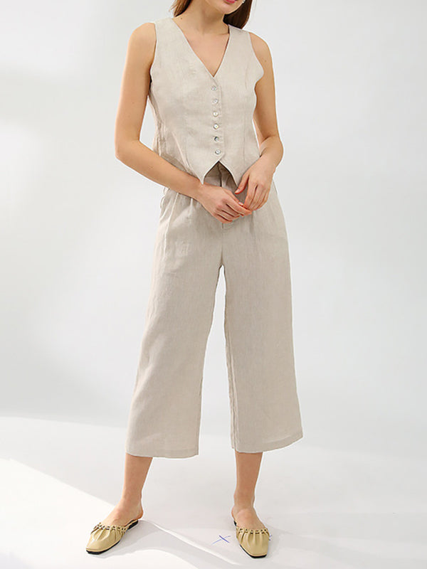 Solid Color Sleeveless Buttoned Deep V-Neck Vest Top + Pleated Straight Leg Pants Bottom Two Pieces Set