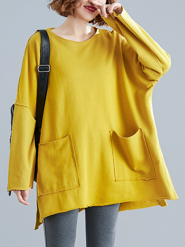 High-Low Long Sleeves Pockets Solid Color Split-Joint Split-Side Round-Neck Sweatshirt Tops