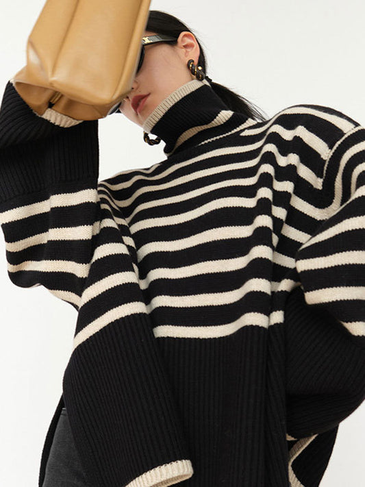 Long Sleeves Loose Contrast Color Pleated Split-Joint Split-Side Striped Patterns High Neck Sweater Tops