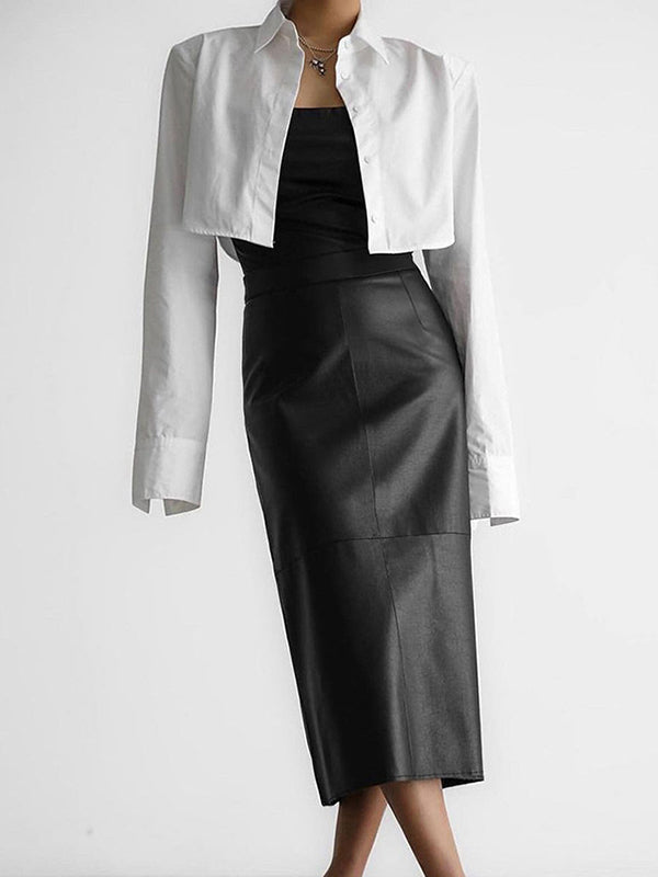 Skinny Solid Color Split-Back Split-Joint PU Skirts