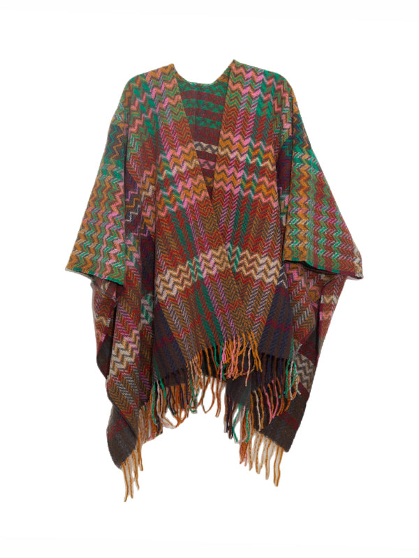 High-Low Long Sleeves Keep Warm Split-Side Tasseled Shawl&Scarf