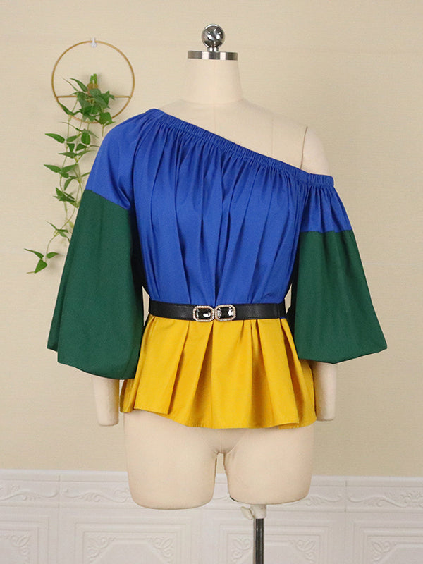 Loose Belted Color-Block Falbala One-Shoulder Shirts Tops