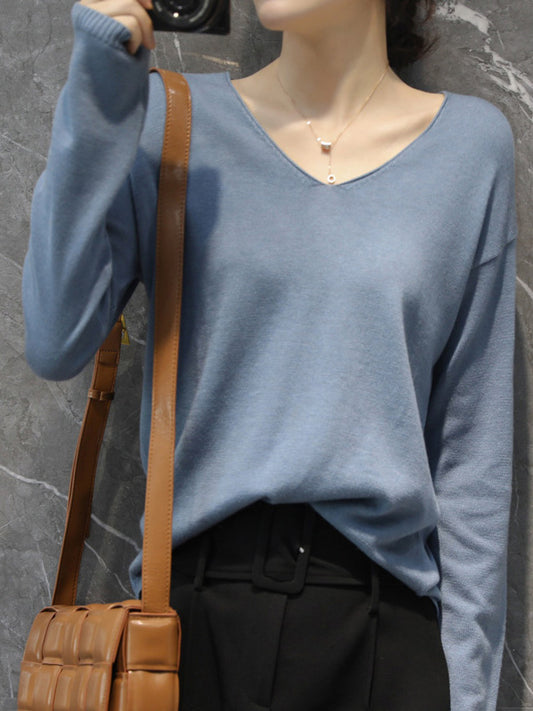Simple Solid Color V-Neck Long Sleeve Knitwear Tops