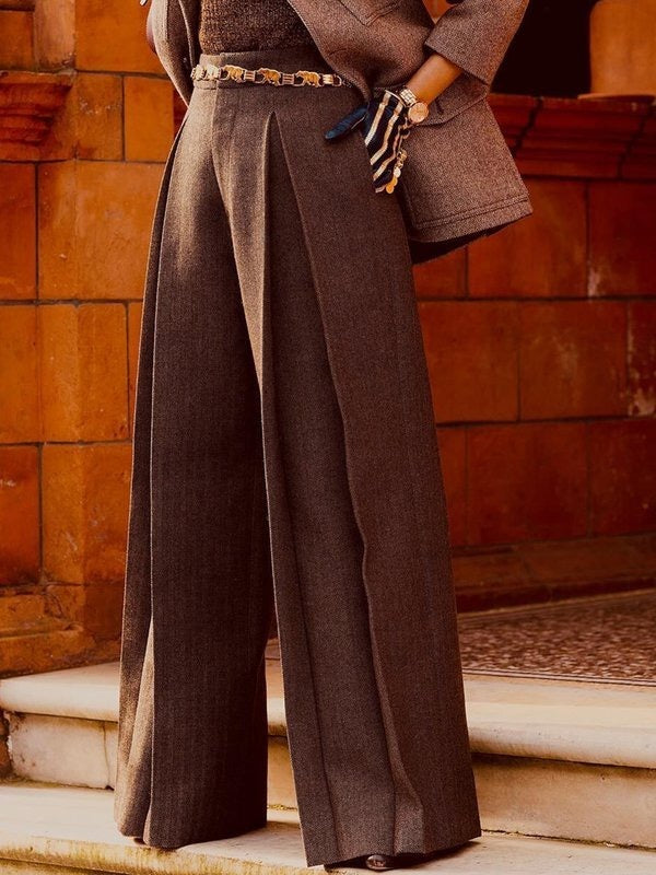 High Waisted Loose Pleated Pockets Solid Color Pants Trousers