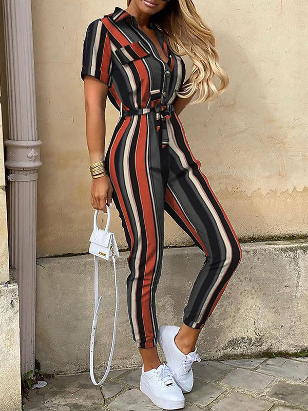 Loose Plus Size Split-Joint Striped Tied Waist Lapel Jumpsuits