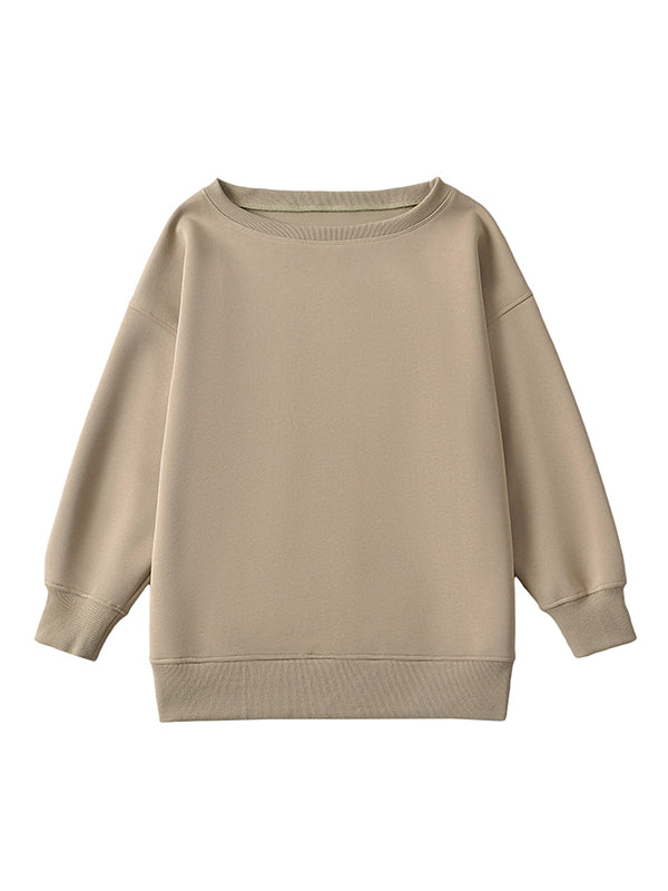 Long Sleeves Loose Solid Color Split-Joint Round-Neck Sweatshirt Tops