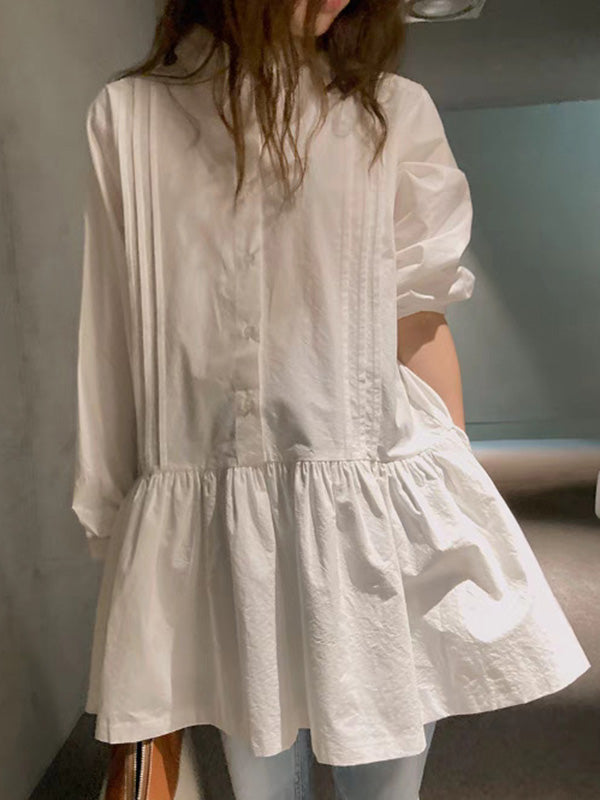 A-Line Long Sleeves Buttoned Pleated Solid Color Lapel Mini Dresses Shirt Dress