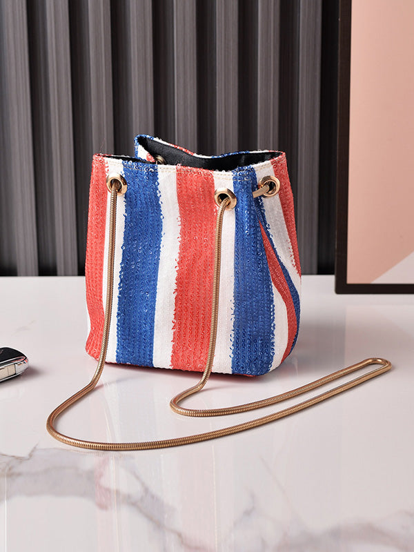 Drawstring Sequined Split-Joint Striped Bags Tote Bags