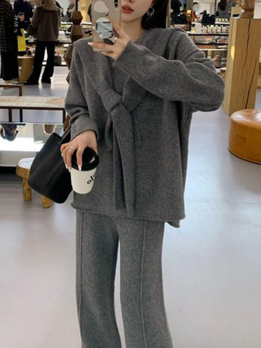 Long Sleeves Loose Solid Color Round-Neck Three Pieces Set