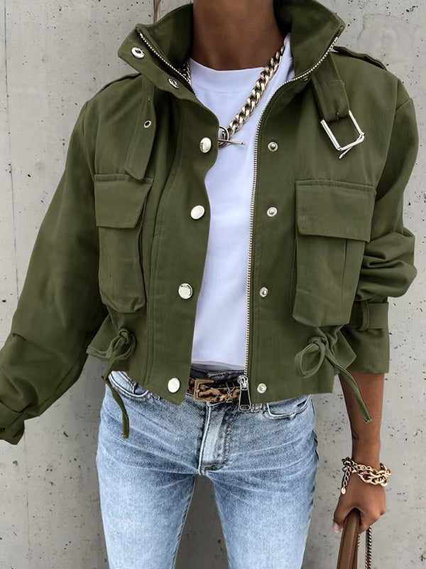 Long Sleeves Loose Buttoned Drawstring Pockets Solid Color Split-Joint Zipper Stand Collar Jackets Outerwear