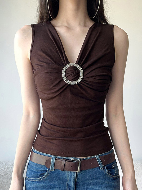 Sleeveless Pleated Solid Color V-Neck Vest Top