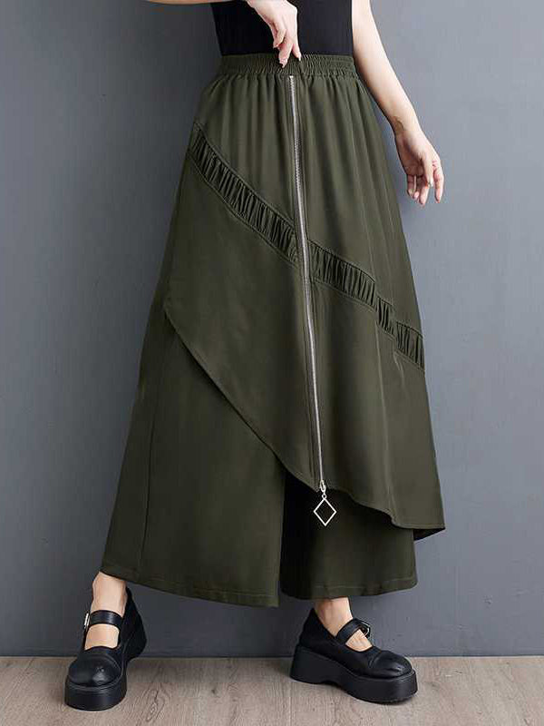 High Waisted Loose Elasticity Pleated Pockets Split-Joint Zipper Culotte Pants