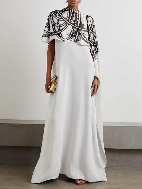 A-Line Capelet Contrast Color Printed Mock Neck Maxi Dresses