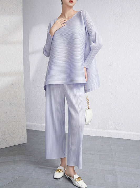 Loose Pleated Solid Color High-Low Round-Neck T-Shirts + Pants Two Pieces Set