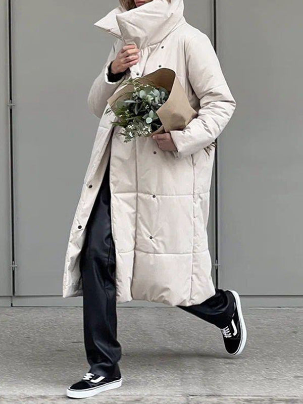 Long Sleeves Loose Split-Joint Tied Waist Lapel Padded Coat