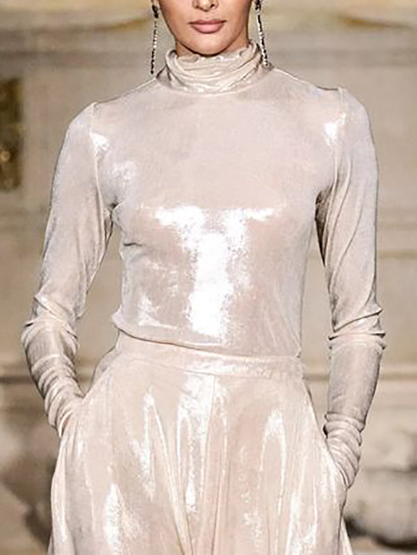 Long Sleeves Shiny Solid Color High Neck T-Shirts Tops