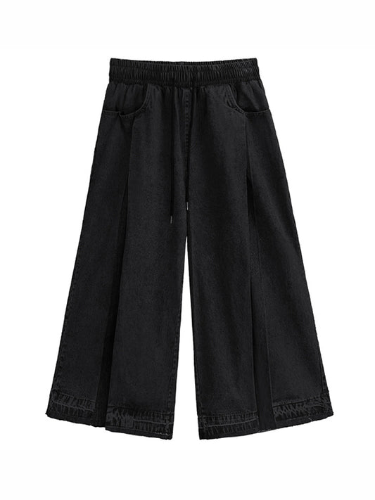 Loose Wide Leg Contrast Color Drawstring Fringed Pockets Jean Pants Bottoms