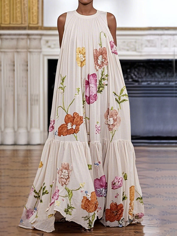 A-Line Loose Floral Printed Pleated Split-Joint Round-Neck Evening Dresses Maxi Dresses