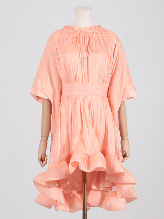 High-Low Loose Floral Pleated Split-Joint Stand Collar Mini Dresses