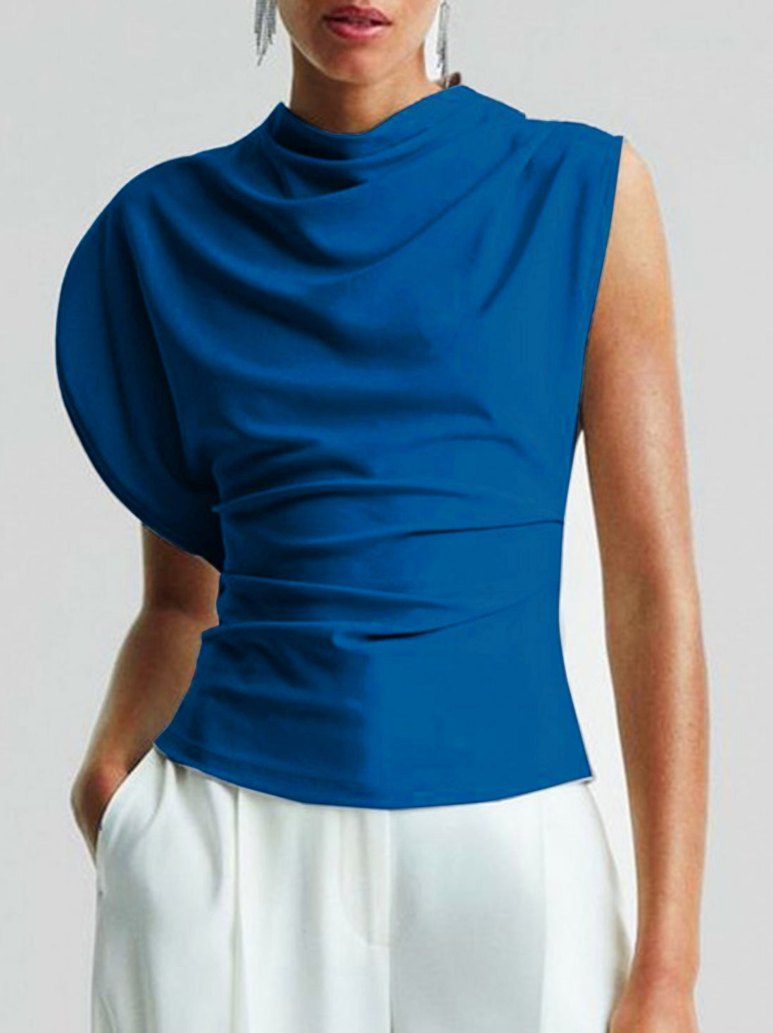 Irregularity Sleeveless Asymmetric Pleated Solid Color Round-neck Vest Top