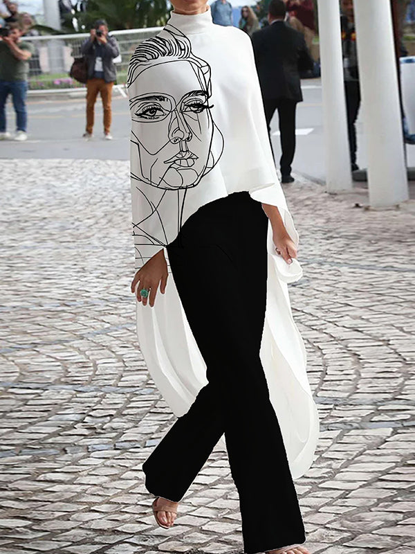 Batwing Sleeves High-Low Figure Hollow Split-Joint Mock Neck T-Shirts Tops