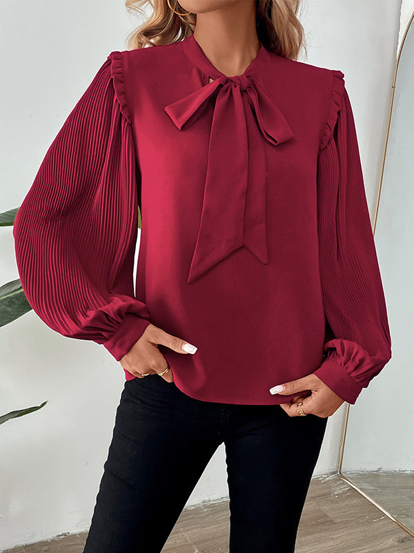 Long Sleeves Loose Pleated Ruffle Trim Solid Color Split-Joint Tied V-Neck Blouses&Shirts Tops