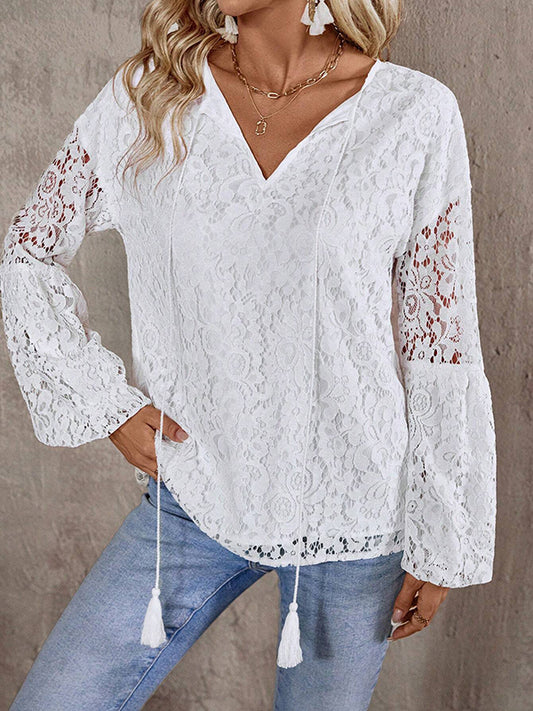 Long Sleeves Loose Elasticity Hollow Solid Color Tasseled V-Neck Blouses&Shirts Tops