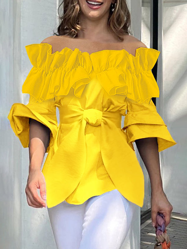 Loose Pleated Ruffled Solid Color Split-Joint Tiered Off-The-Shoulder Blouses&Shirts Tops
