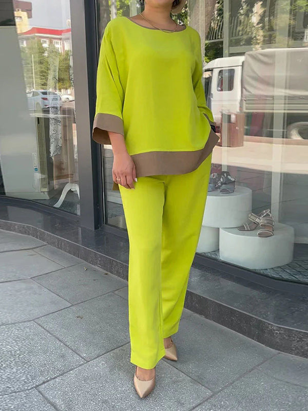 Loose Contrast Color Three-Quarter Sleeves Split-Side Round-Neck Shirts Top + Pants Bottom Two Pieces Set