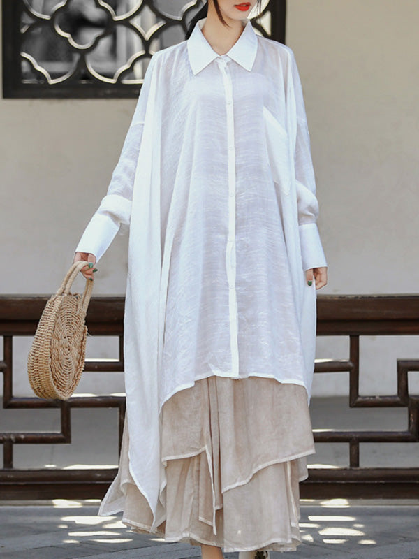 Loose Raglan Sleeve See-Through Solid Color Split-Joint Split-Side Lapel Blouses