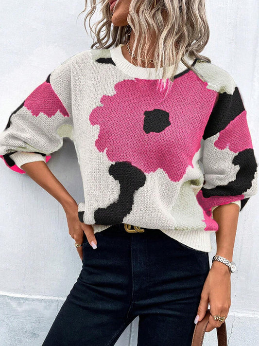 Loose Puff Sleeves Asymmetric Knitted Flower Split-Joint Round-Neck Sweater Tops