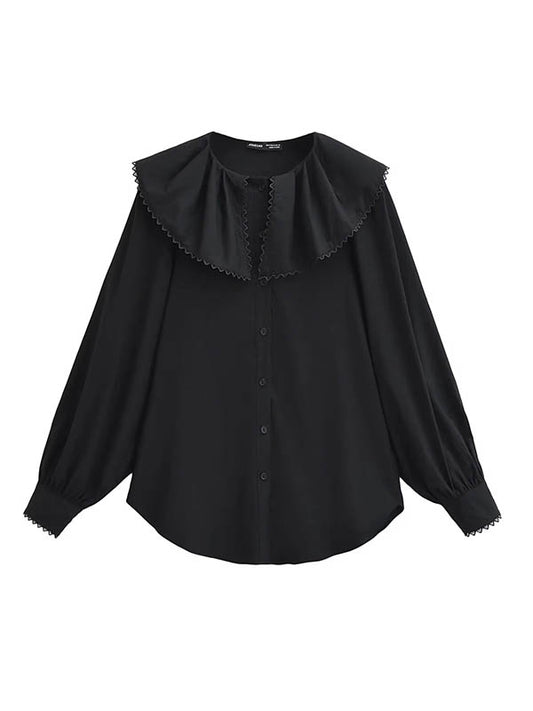 Loose Puff Sleeves Pleated See-Through Solid Color Split-Joint Peter Pan Collar Blouses&Shirts Tops