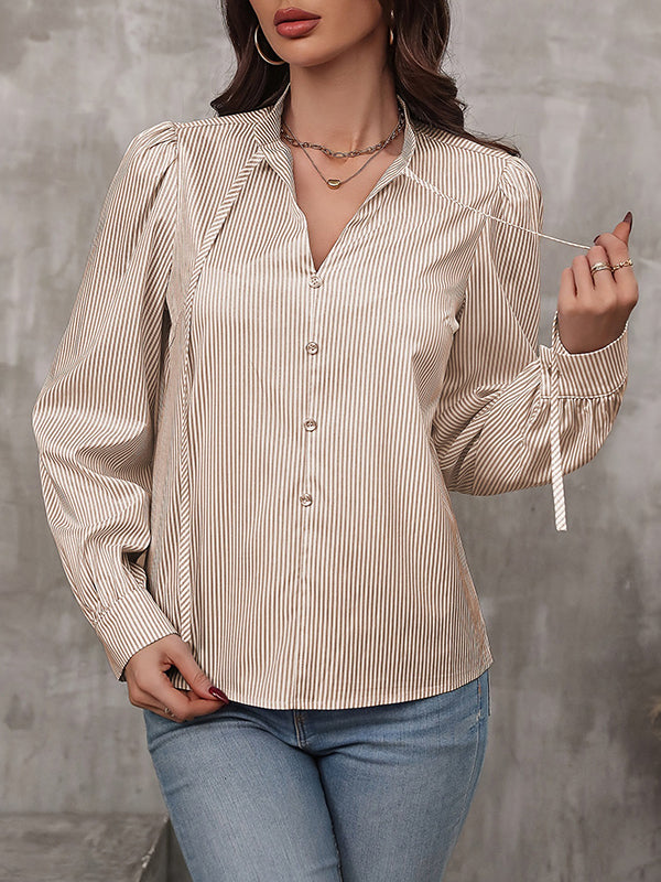 Long Sleeves Loose Buttoned Pleated Striped Tied Mock Neck Blouses&Shirts Tops