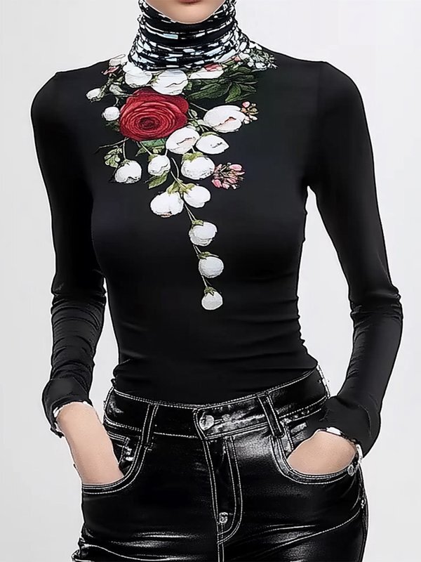 Long Sleeves Skinny Flower Print Split-Joint High Neck T-Shirts Tops