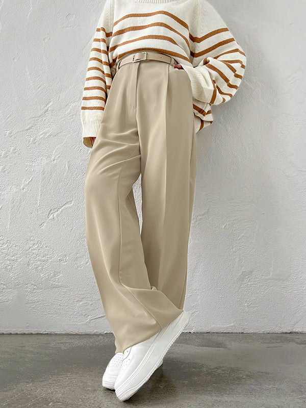 High Waisted Loose No Belt Solid Color Suit Pants Trousers