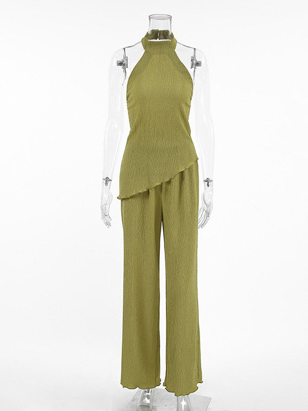 Solid Color Pleated Sleeveless Asymmetric High Neck Vest + Wide Leg Pants Two Pieces Set