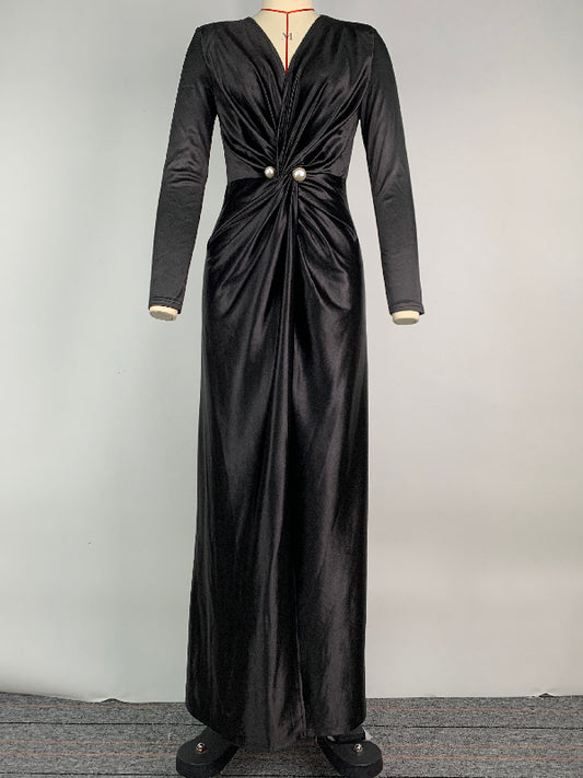 Solid Color Bodycon Long Sleeves Pleated Split-Front Tied Waist Deep V-Neck Maxi Dresses