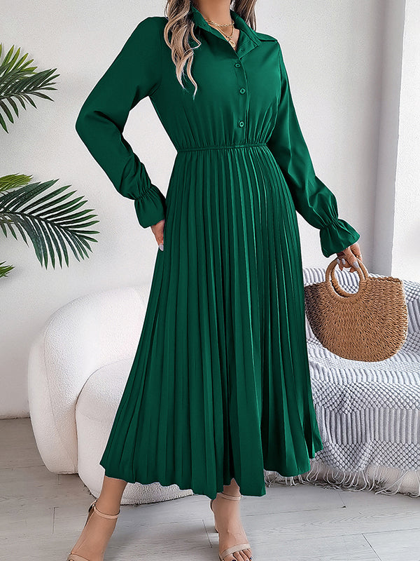 A-Line Flared Sleeves Buttoned Elasticity Pleated Solid Color Lapel Maxi Dresses