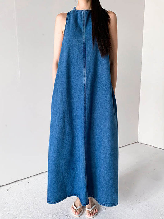 A-Line Loose Pockets Solid Color Tied Round-Neck Maxi Dresses