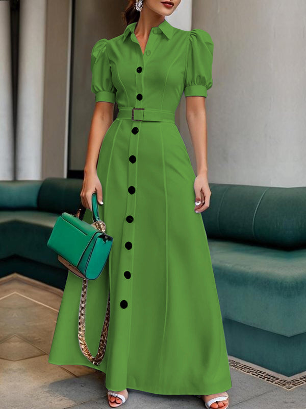 Puff Sleeves Short Sleeves Belted Buttoned Solid Color Lapel Maxi Dresses Shirt Dress
