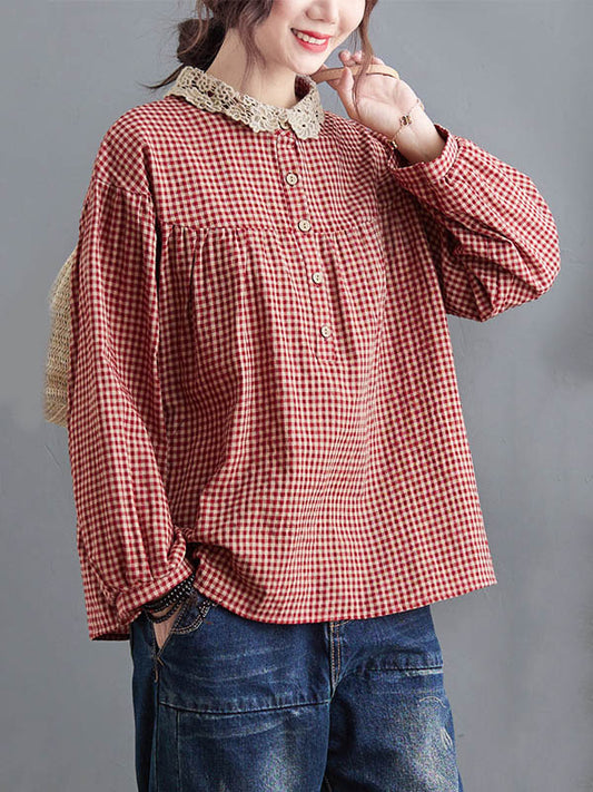 Plaid Ramie Cotton Plus Szie Long Sleeve Shirts