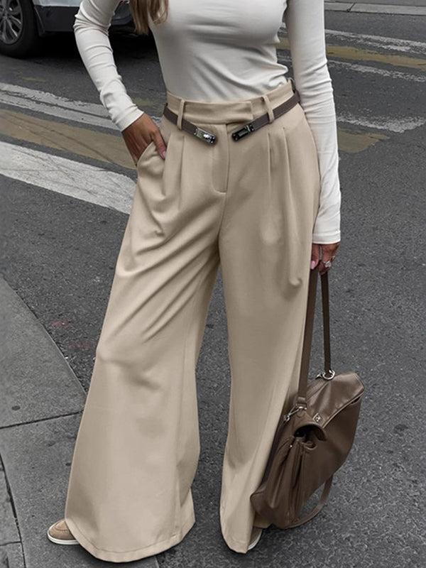 High Waisted Loose Pleated Pockets Solid Color Suit Pants Trousers