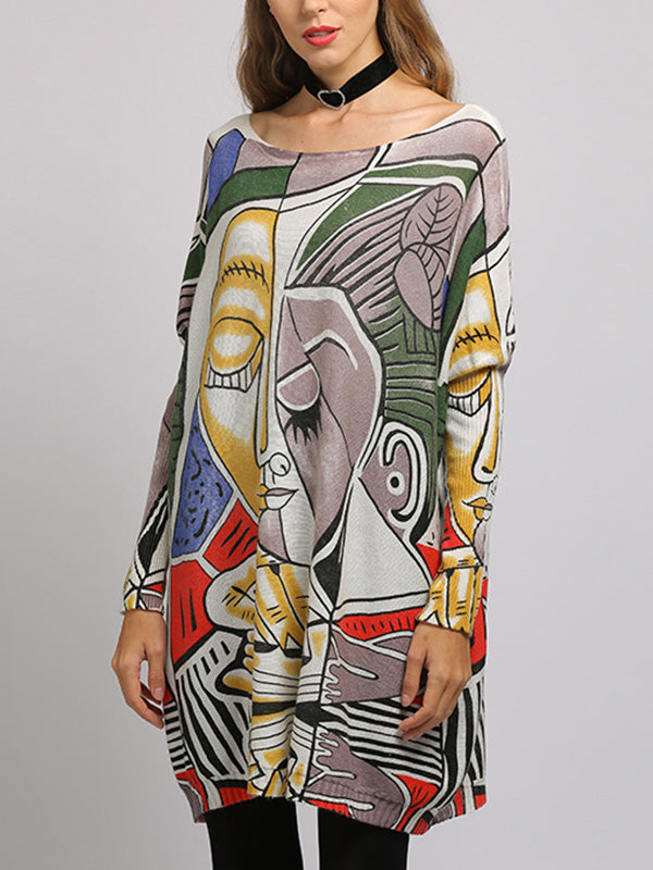 Long Sleeves Loose Figure Printed Boat Neck Knitwear