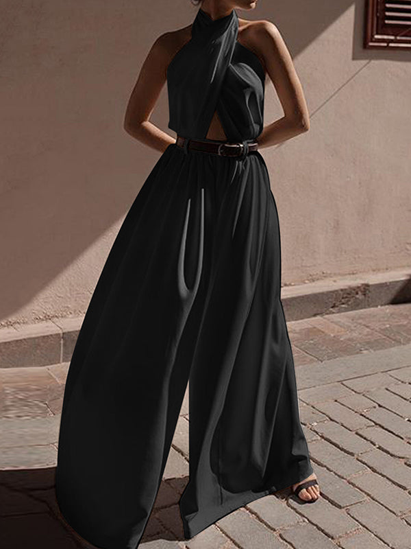 High Waisted Loose Backless Hollow Pleated Solid Color Split-Joint Halter-Neck Jumpsuits