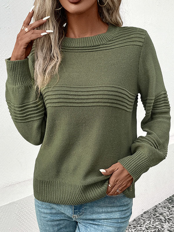 Long Sleeves Loose Solid Color Split-Joint Round-Neck Pullovers Sweater Tops