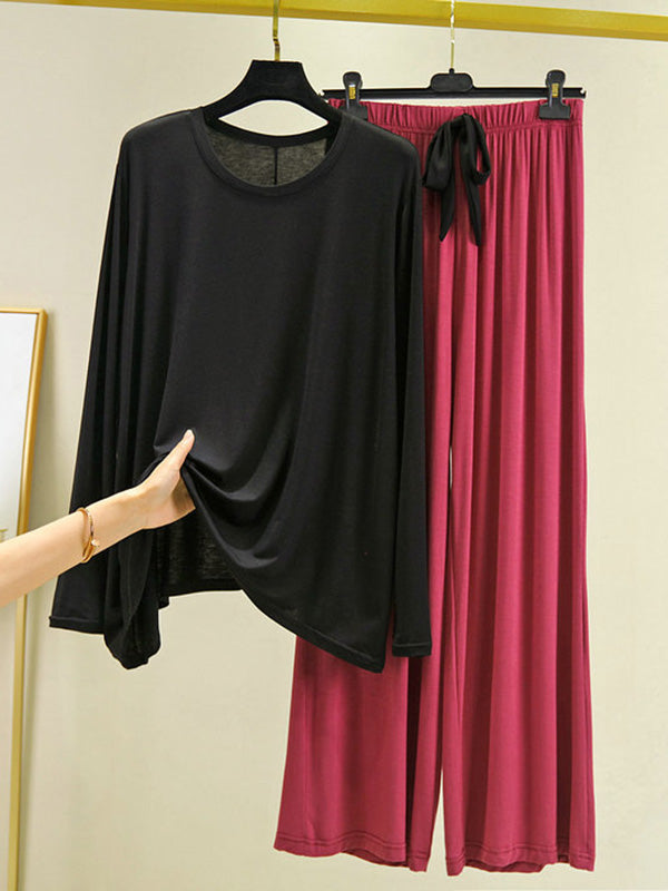 Casual Wide Leg Long Sleeves Drawstring Round-Neck Pajamas Set